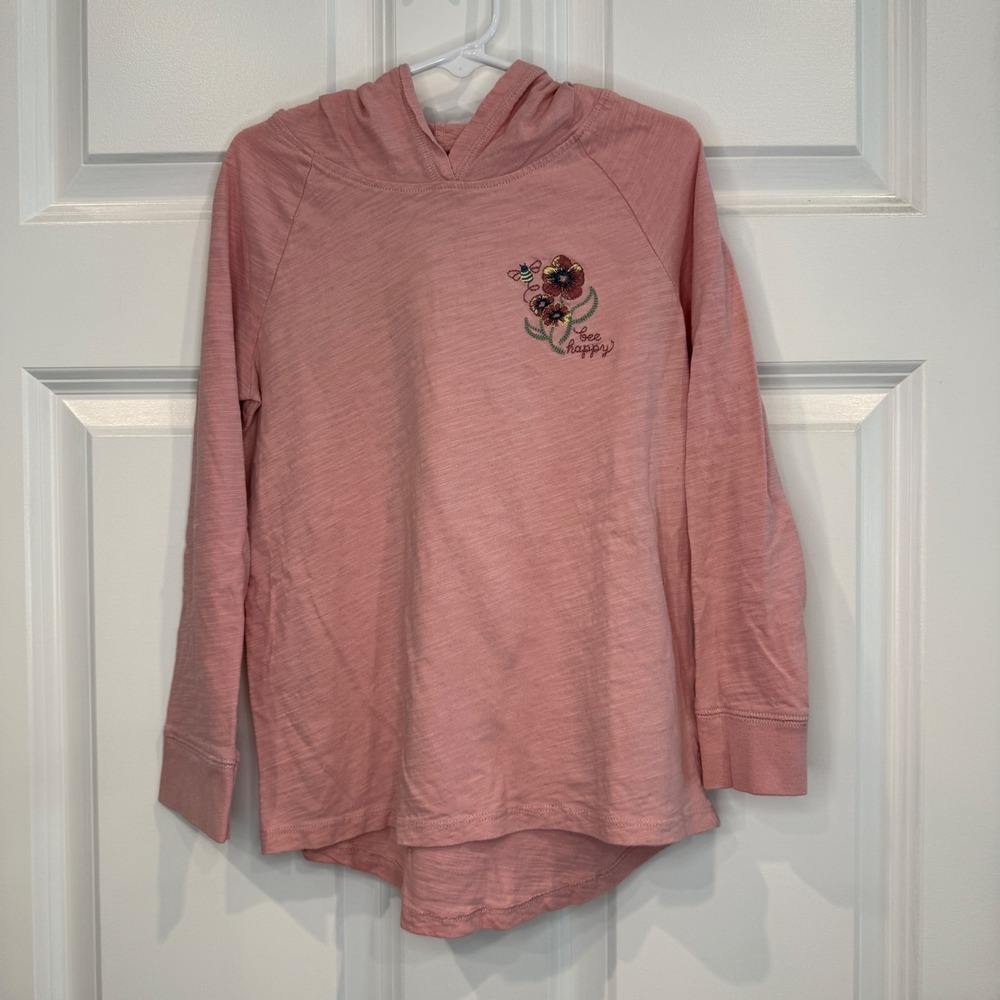 OshKosh B'gosh Girls Pink Bee Happy Floral Embroidery Hooded Tee Size 7/7A